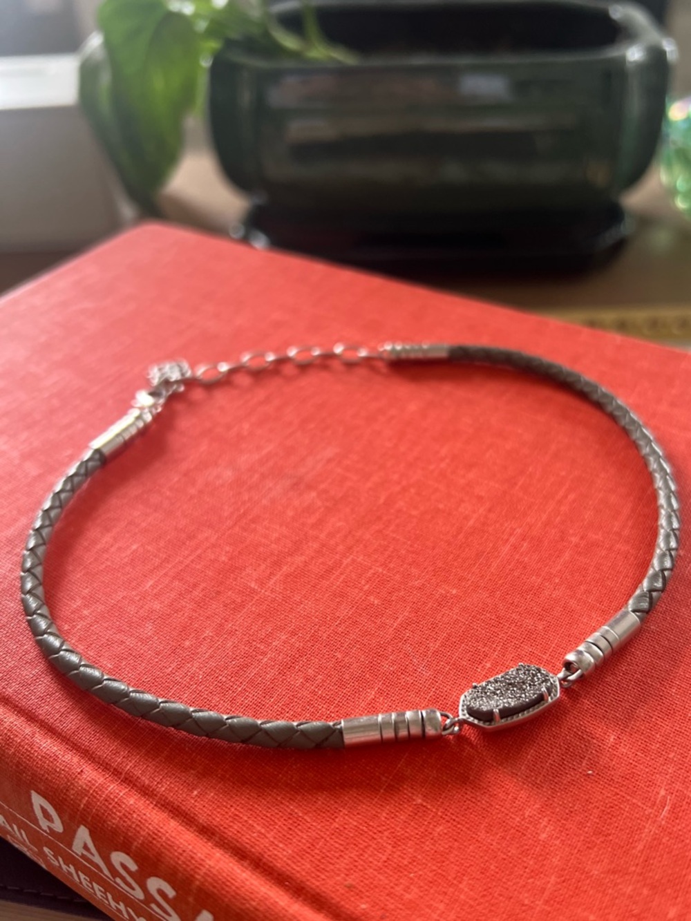 Kendra Scott Braided Leather Necklace Platinum "Elisa" Druzy Pendant - Picture 2 of 5
